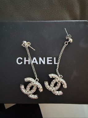 CHANEL Silver Crystal Double-C Chain Drop Earrings
